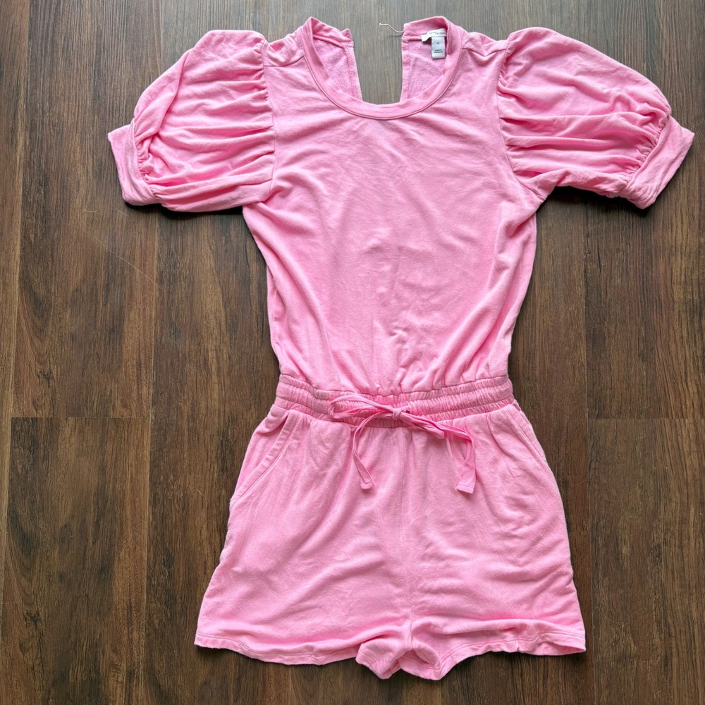 Pink Puff Sleeve Terry Knit Romper XS Drawstring Waist Daily Ritual Soft Girl